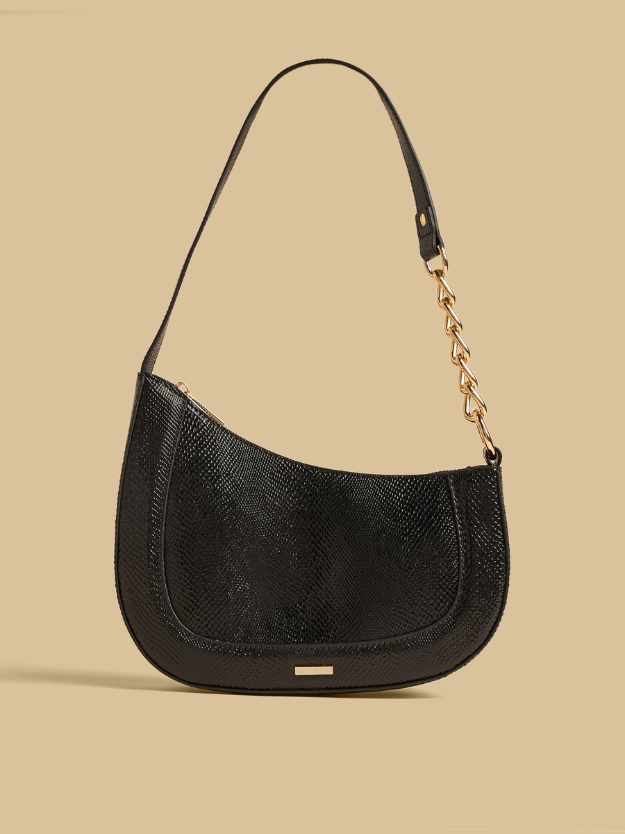 Chain Accent Shoulder Bag with Zip Closure
