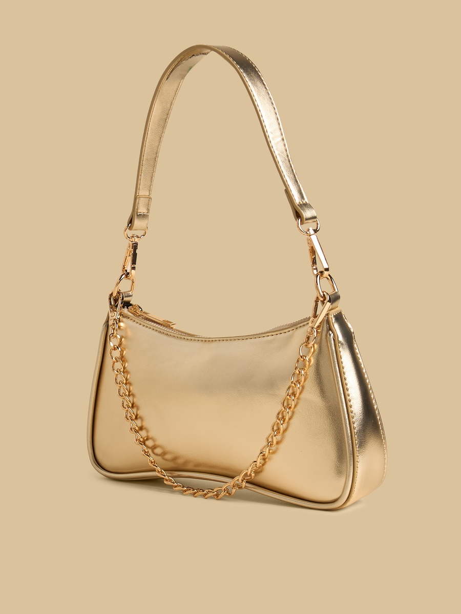 Chain Accent Shoulder Bag with Zip Closure