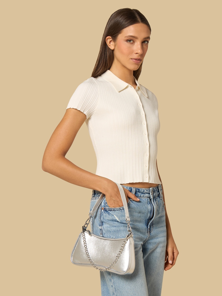Chain Accent Shoulder Bag with Zip Closure