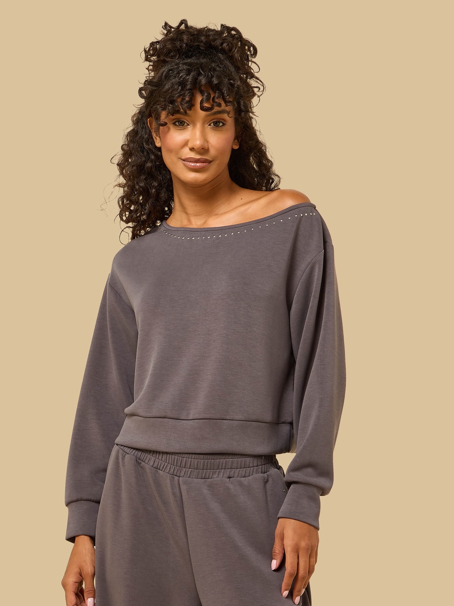 Stud Embellished Off Shoulder Sweatshirt