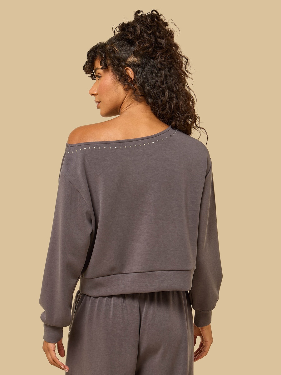 Stud Embellished Off Shoulder Sweatshirt