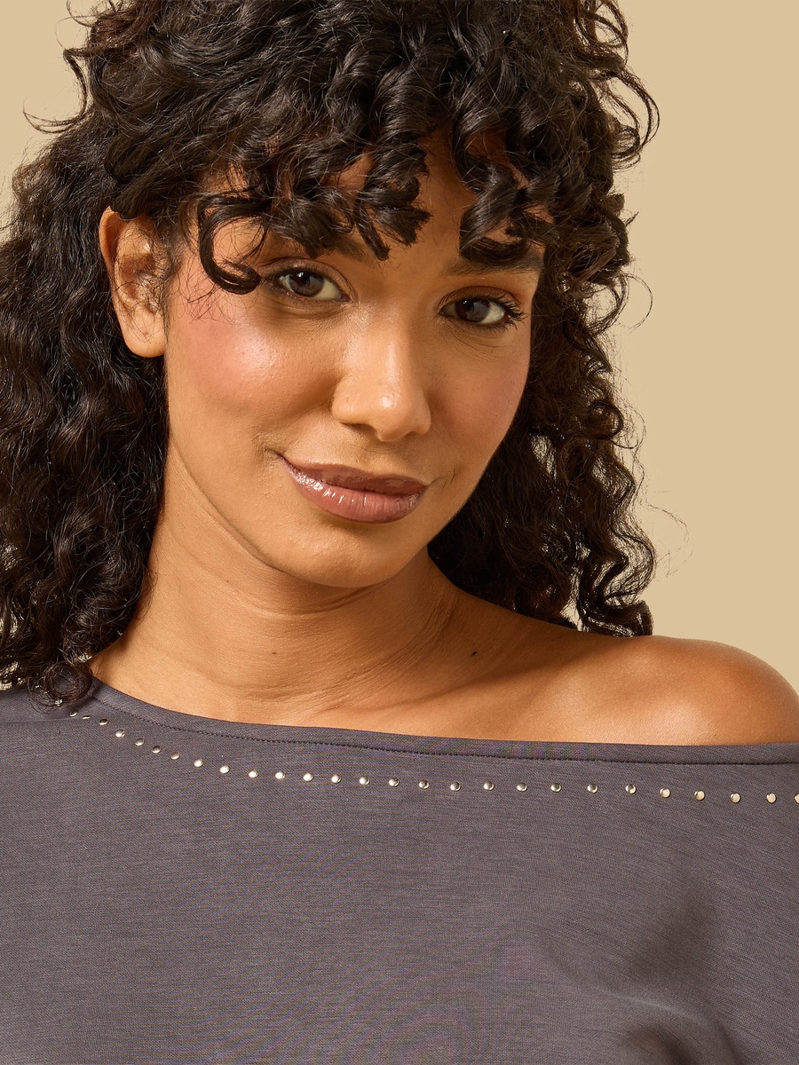 Stud Embellished Off Shoulder Sweatshirt