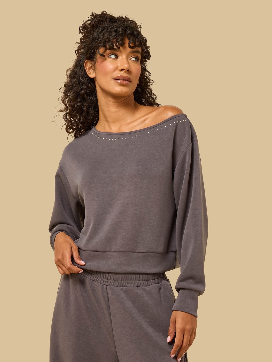 Stud Embellished Off Shoulder Sweatshirt