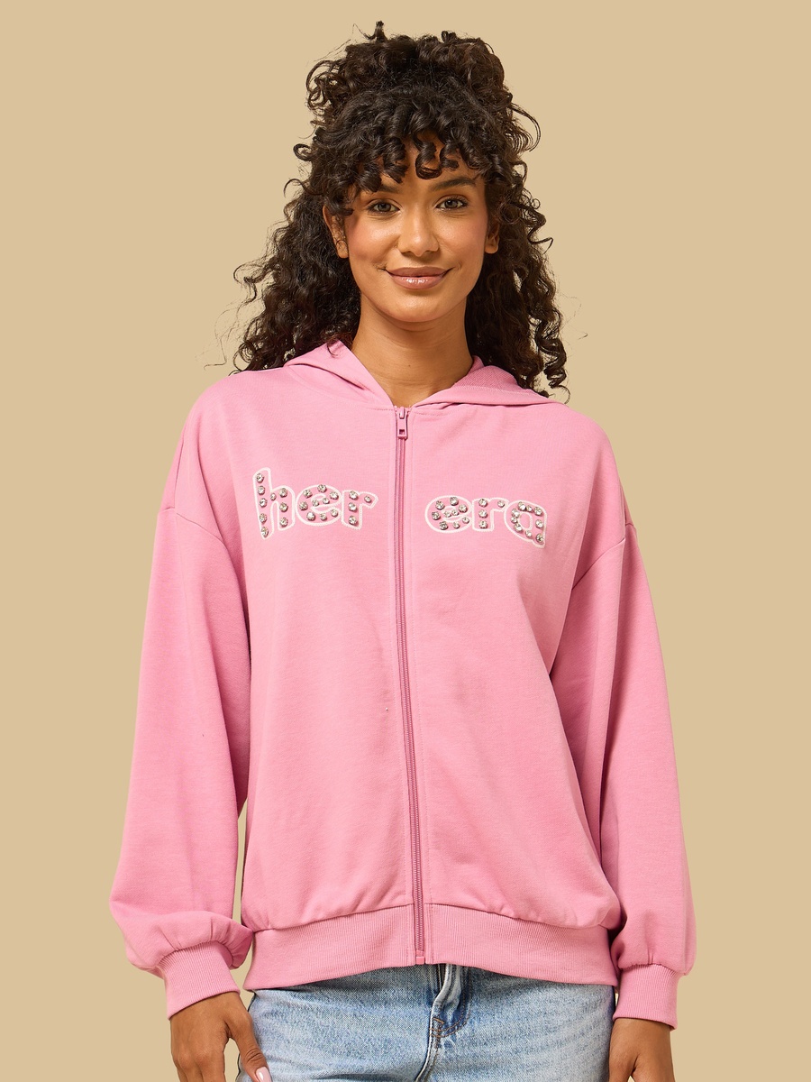 Slogan Embellished Zip Through Hoodie