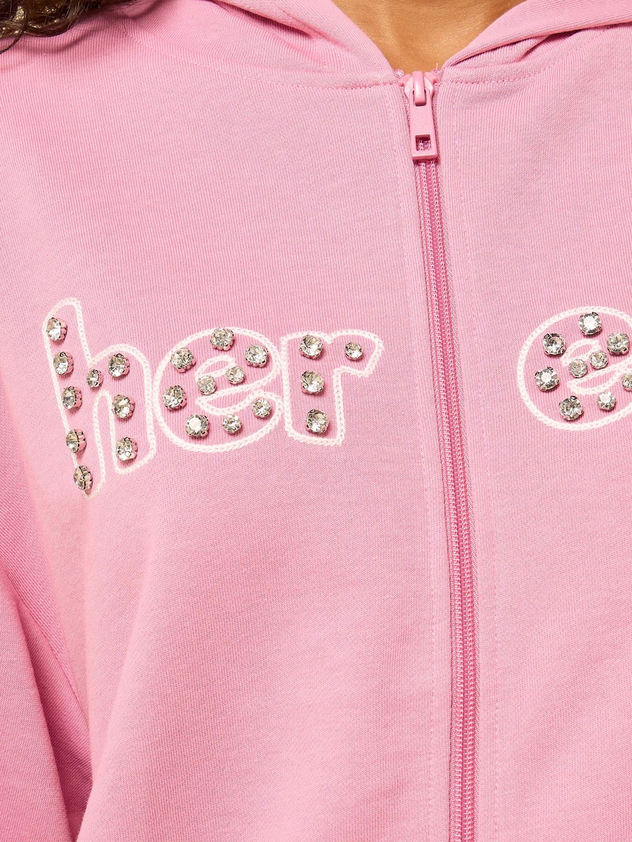 Slogan Embellished Zip Through Hoodie