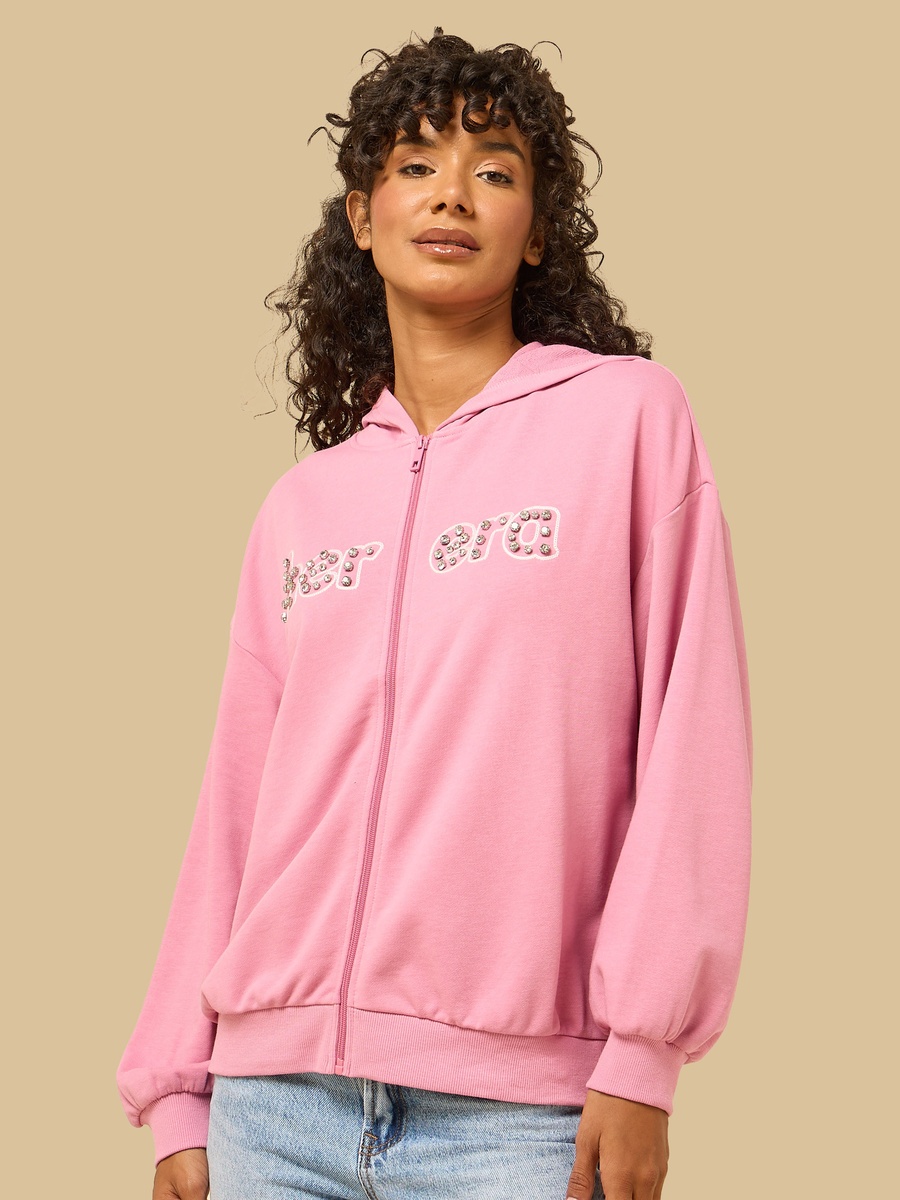 Slogan Embellished Zip Through Hoodie