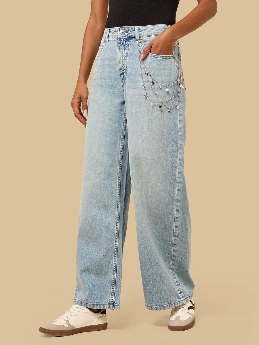 Star Charm Embellished Wide Leg Jeans