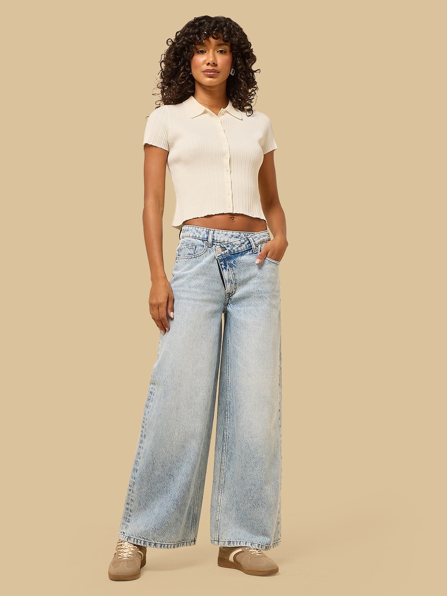 Crossover Waist Wide Leg Jeans
