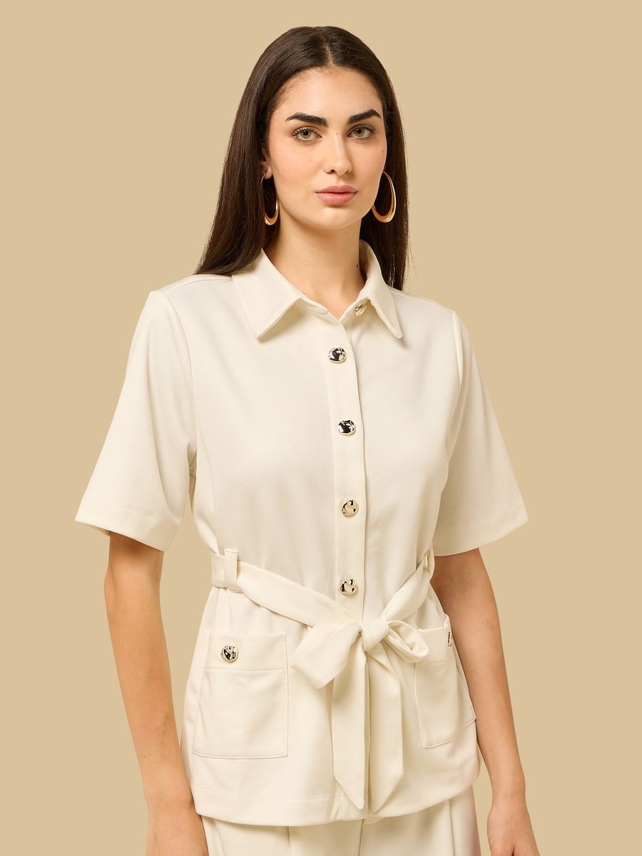 Plain Shirt with Pockets and Tie-Up Belt