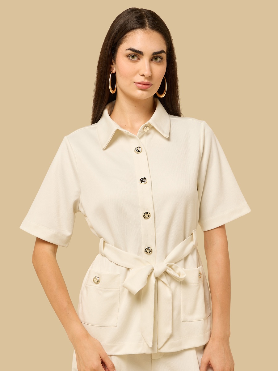 Plain Shirt with Pockets and Tie-Up Belt