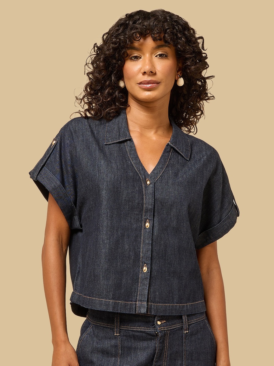 Collared Denim Shirt with Turn-Up Hem