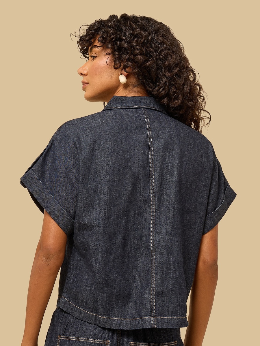 Collared Denim Shirt with Turn-Up Hem