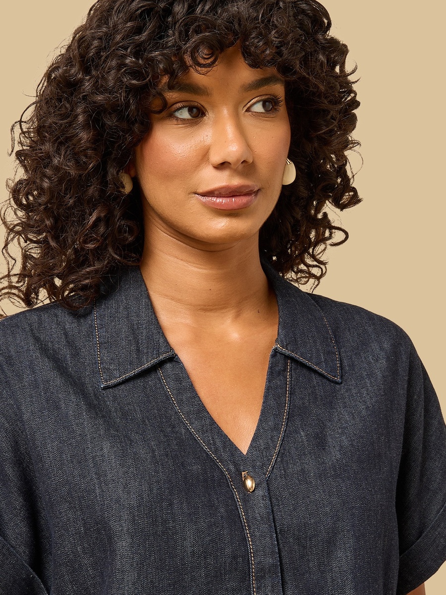 Collared Denim Shirt with Turn-Up Hem