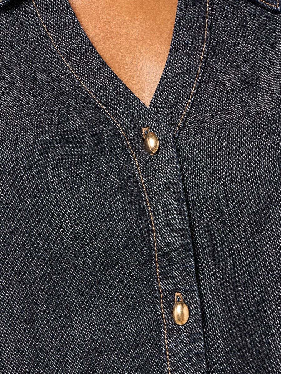 Collared Denim Shirt with Turn-Up Hem