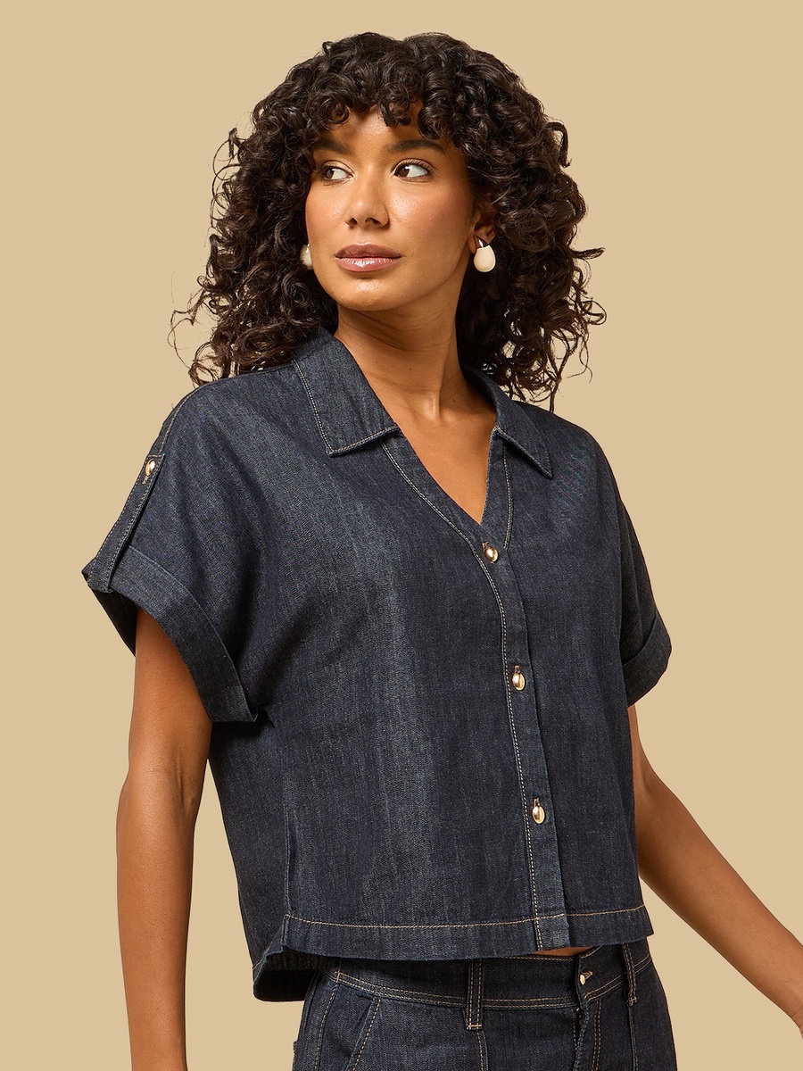 Collared Denim Shirt with Turn-Up Hem