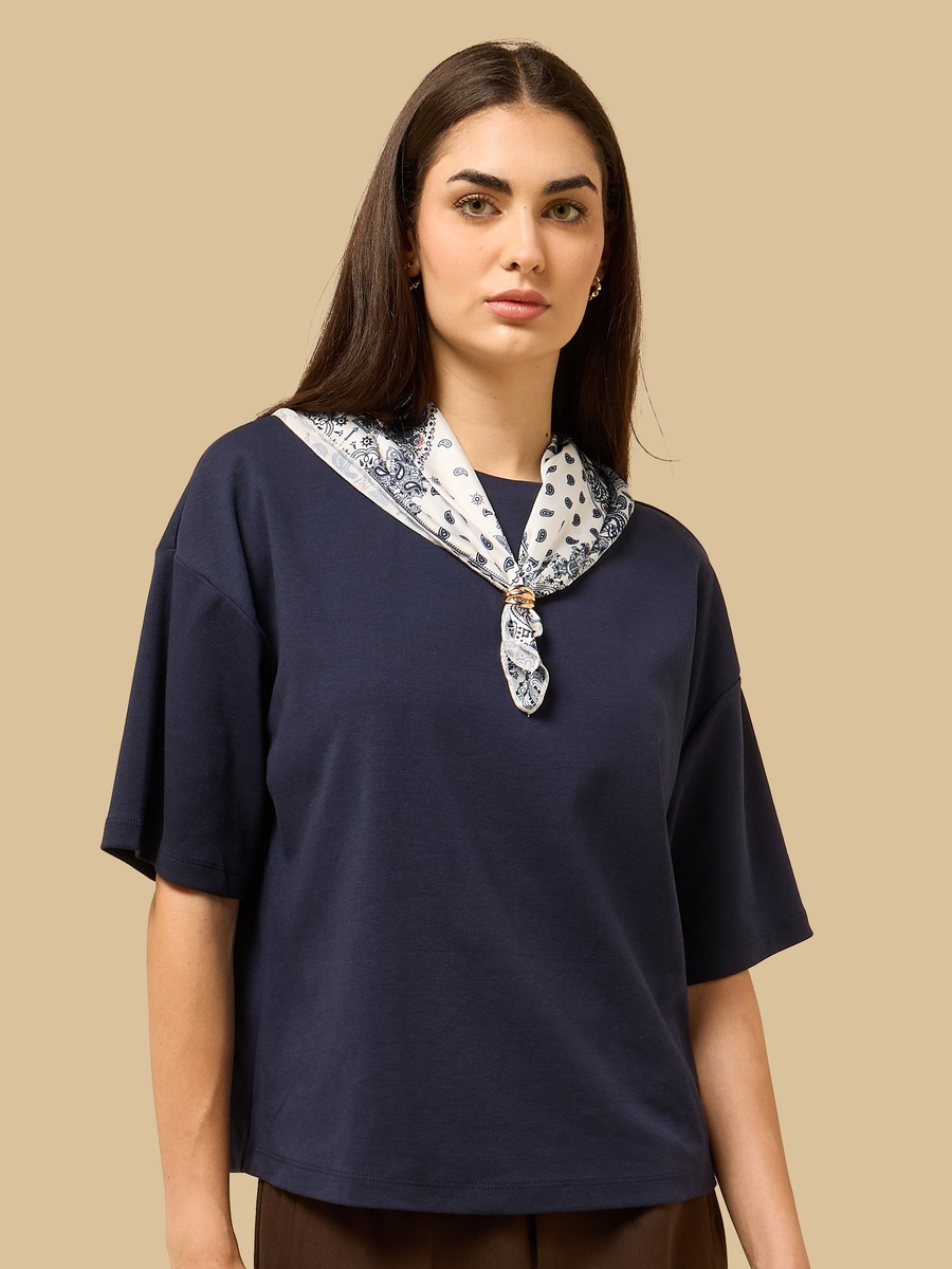 Plain T-Shirt with Printed Scarf