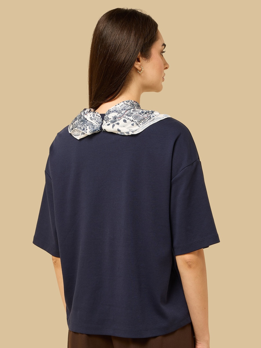Plain T-Shirt with Printed Scarf
