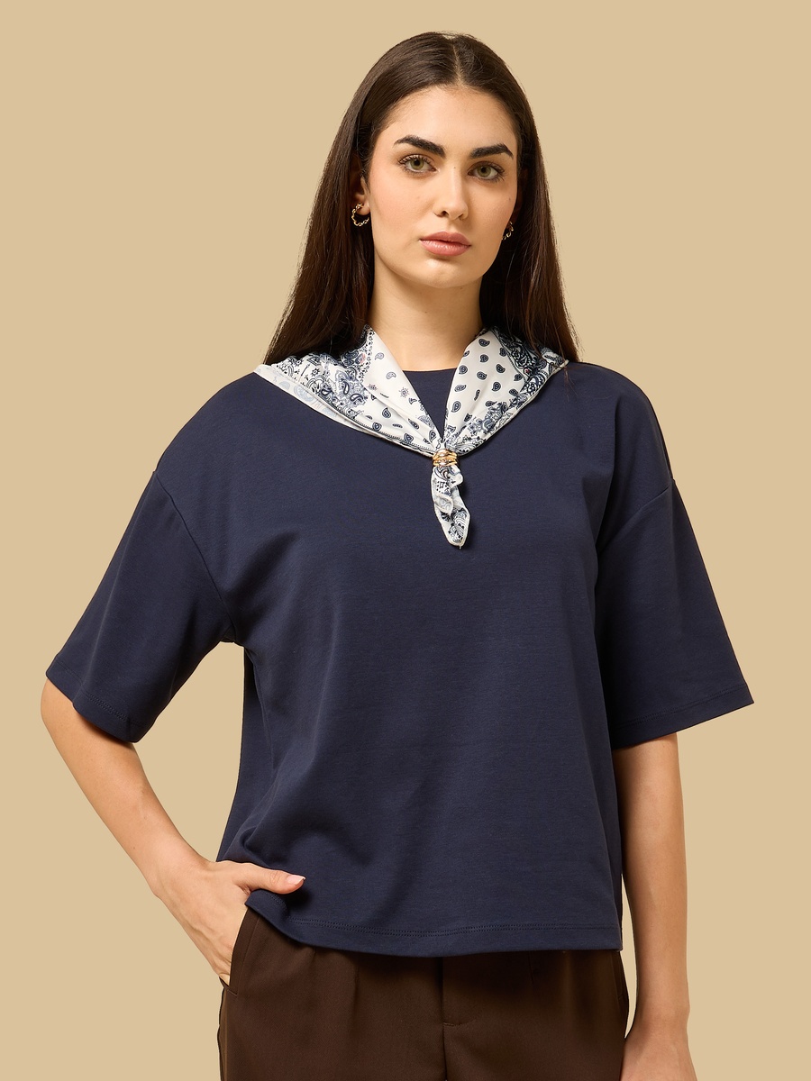 Plain T-Shirt with Printed Scarf