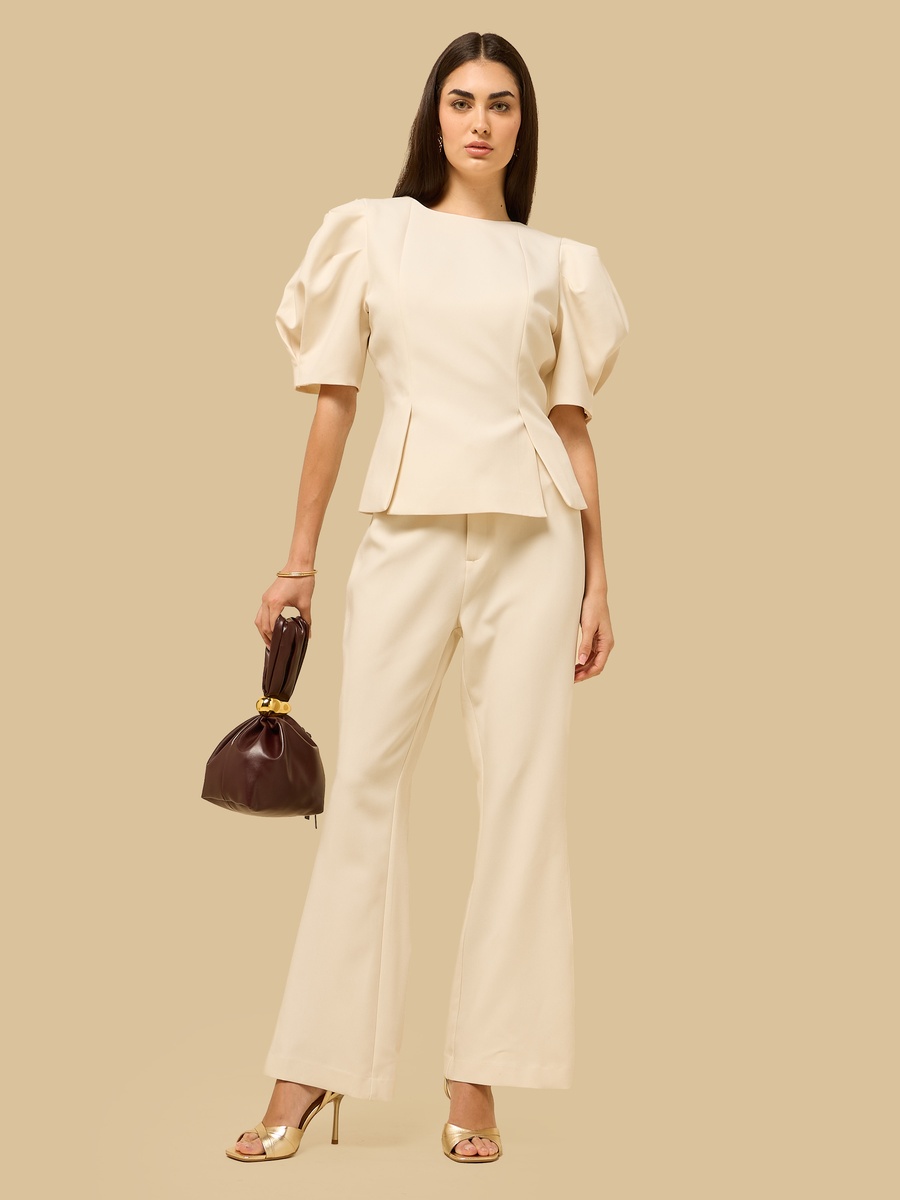 Panelled Peplum Top with Puff Sleeves