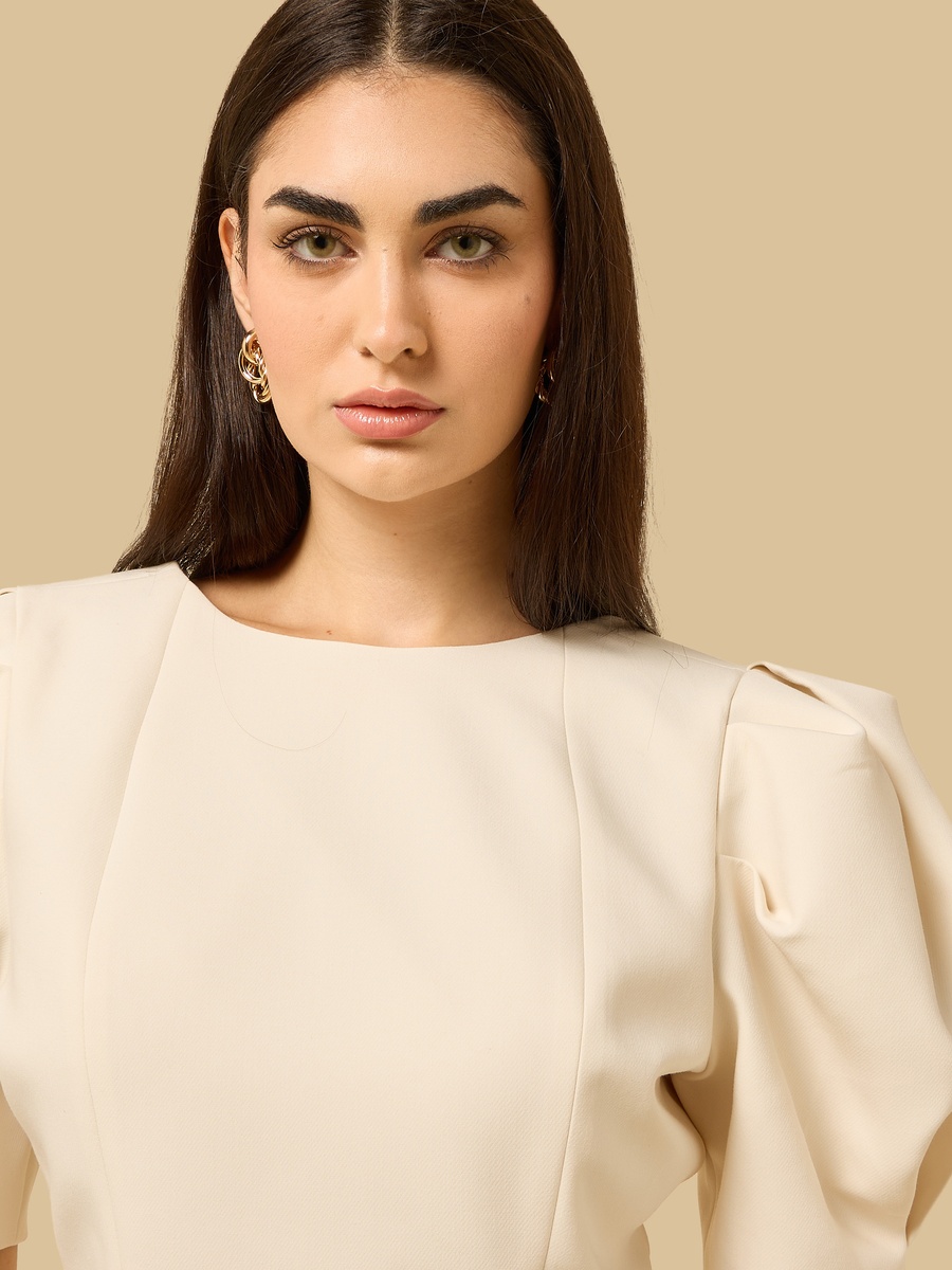 Panelled Peplum Top with Puff Sleeves