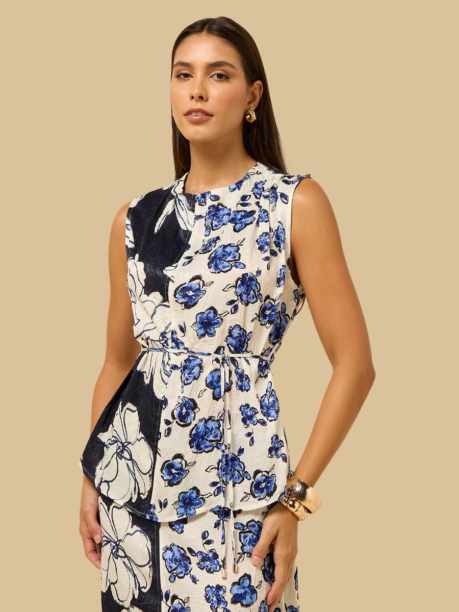 Floral Print Cowl Neck Belted Satin Top