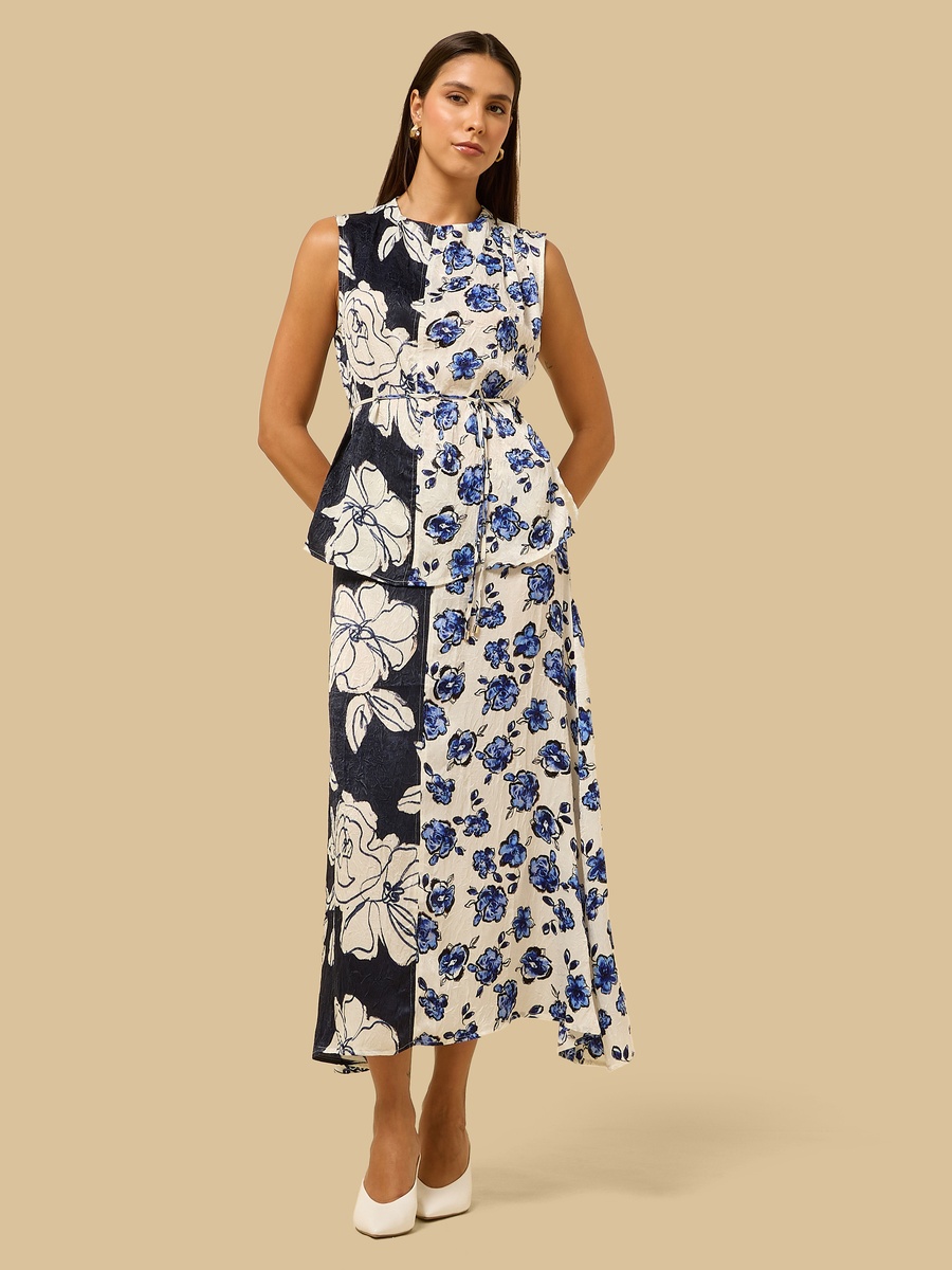Floral Print Cowl Neck Belted Satin Top