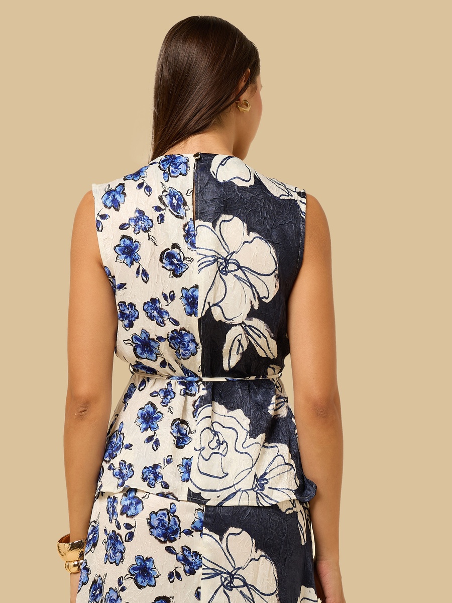 Floral Print Cowl Neck Belted Satin Top