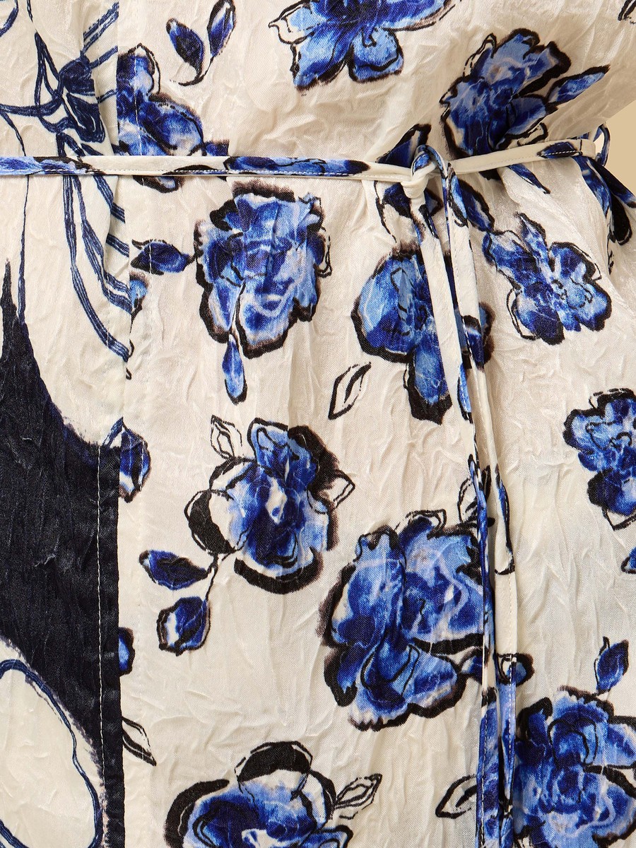 Floral Print Cowl Neck Belted Satin Top