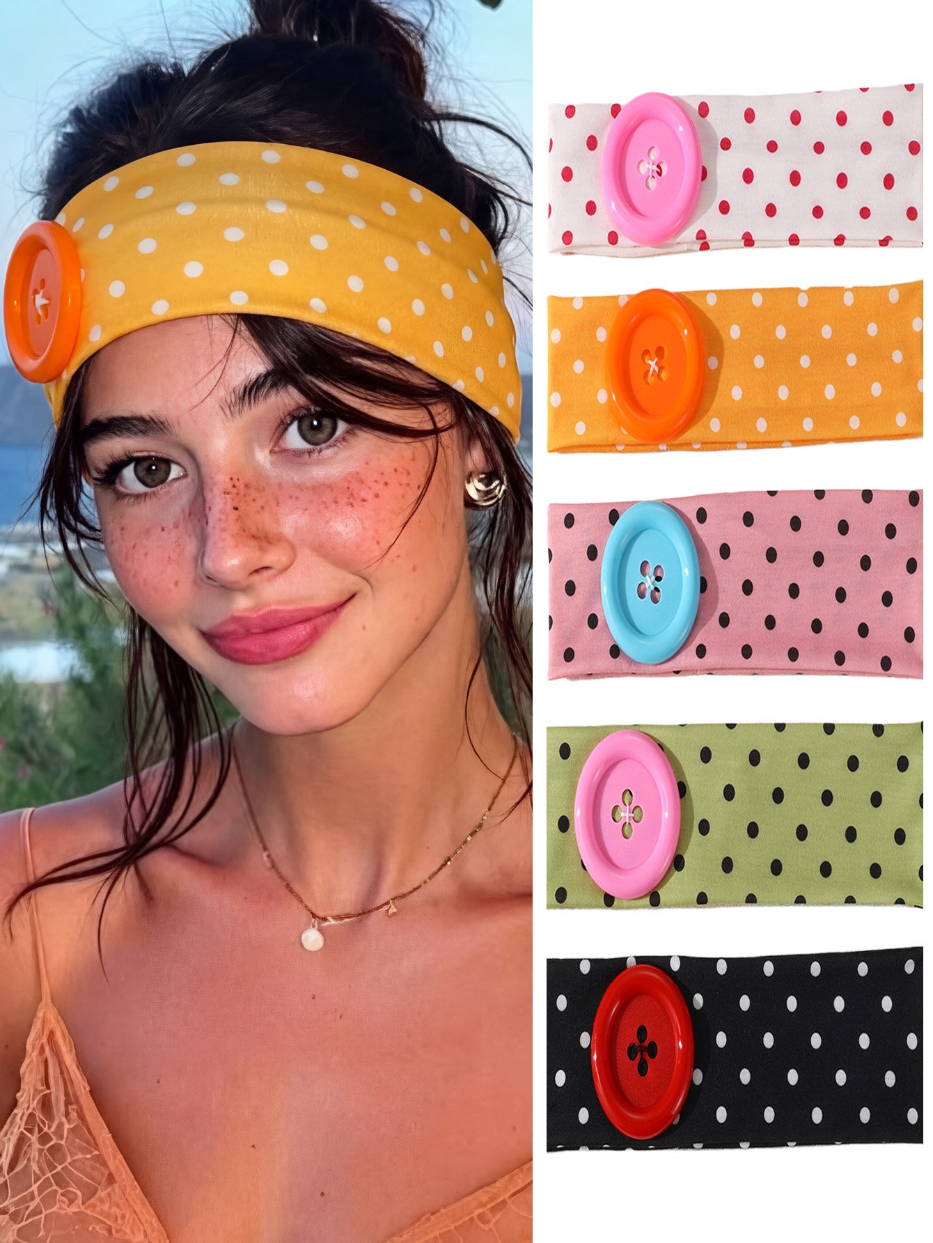 Pack of 5 - Multi-Color Polka Dot Button Hair Ties