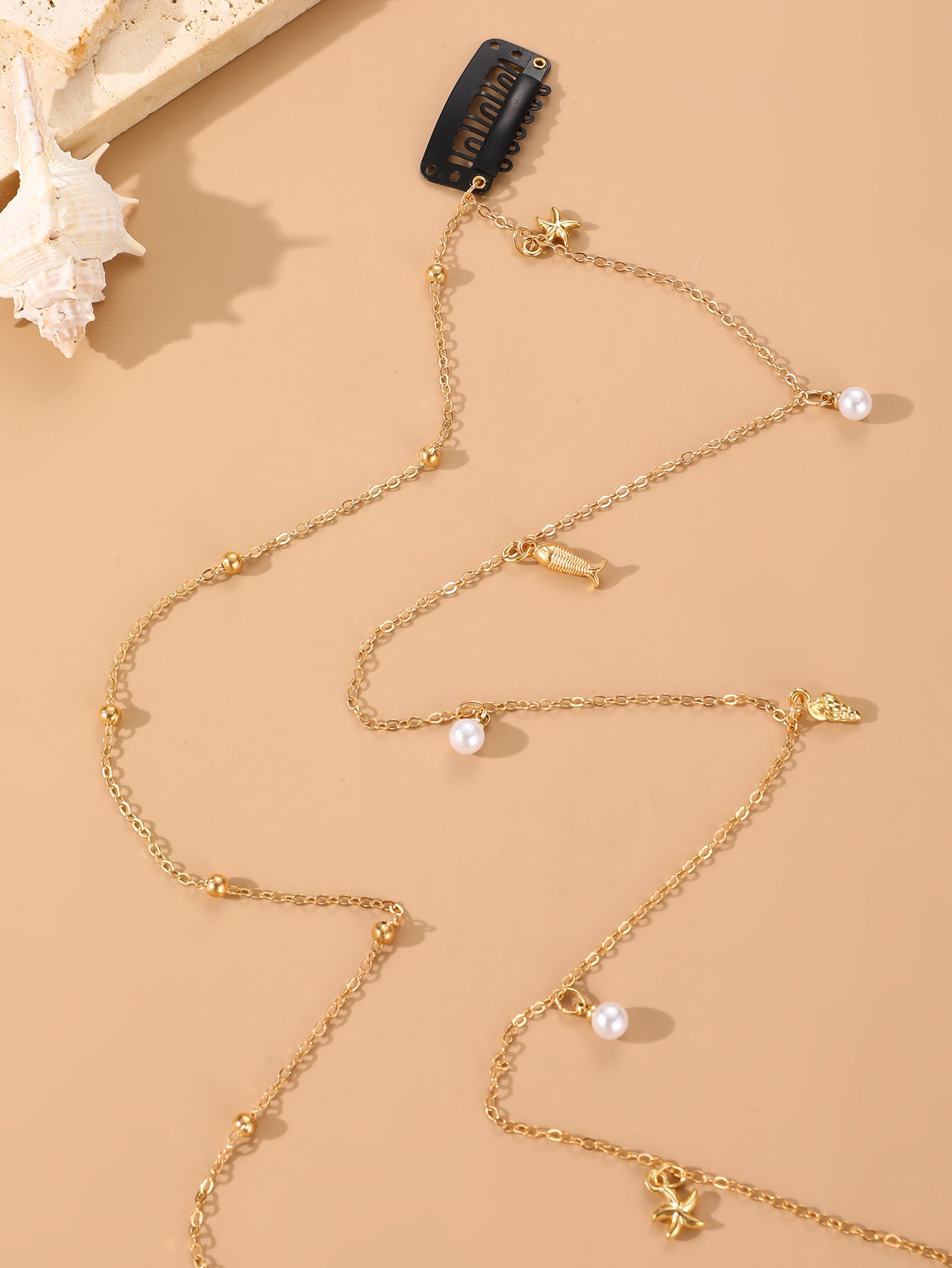 Gold Tone Starfish and Shell Charm Hair Clip