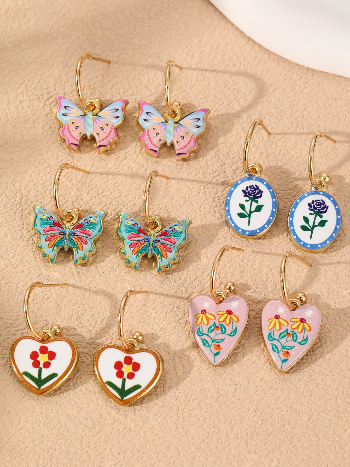Multi-Color Enamel Butterfly and Floral Heart Drop Earring Set