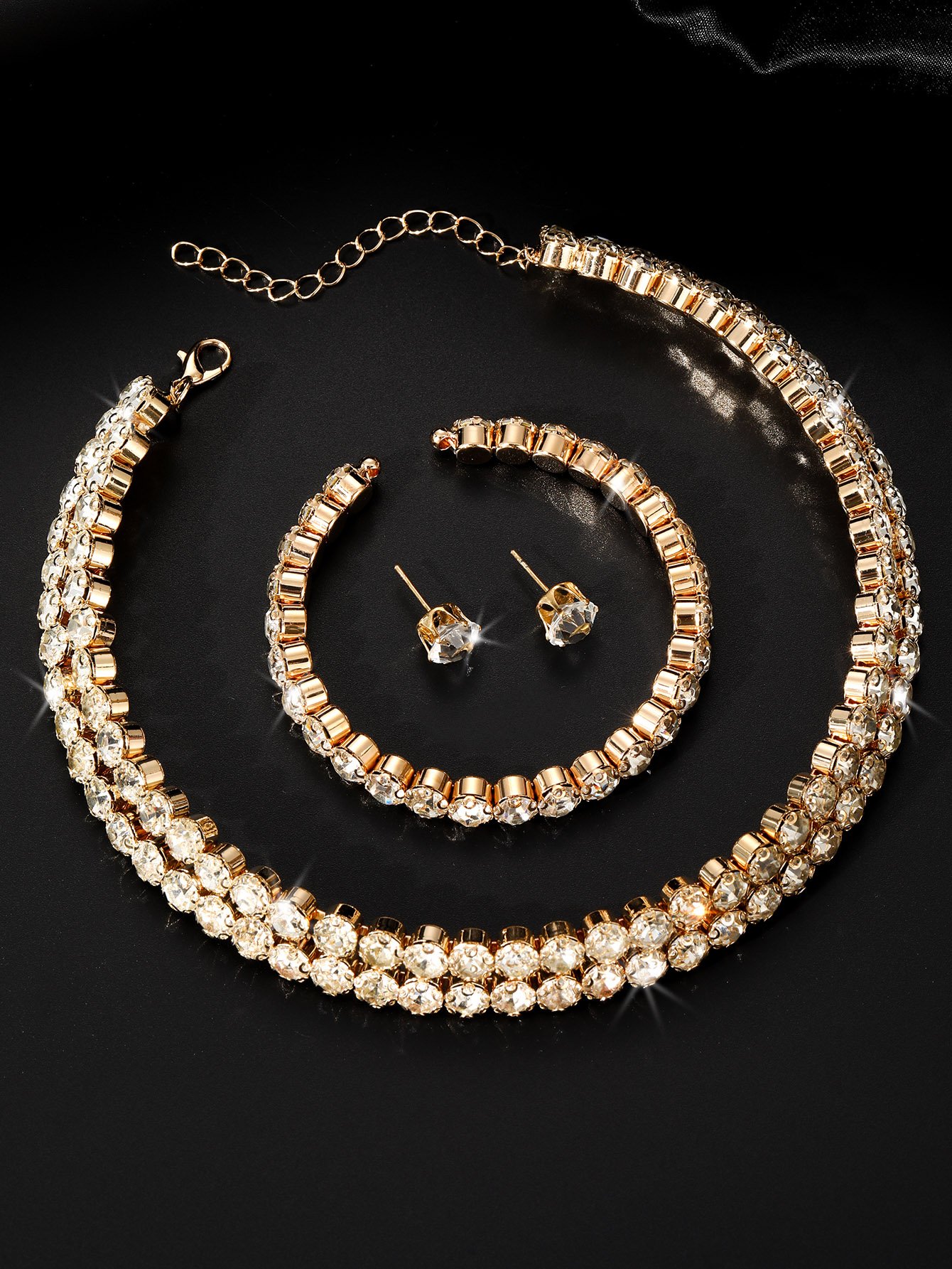 Gold Tone Rhinestone Jewelry Set - Necklace, Bracelet and Earrings