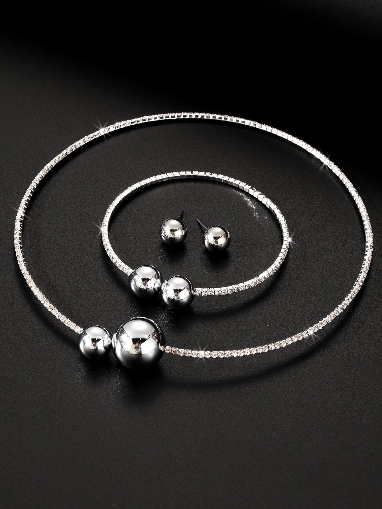 Silver Tone Rhinestone Jewelry Set - Necklace, Bracelet and Earrings