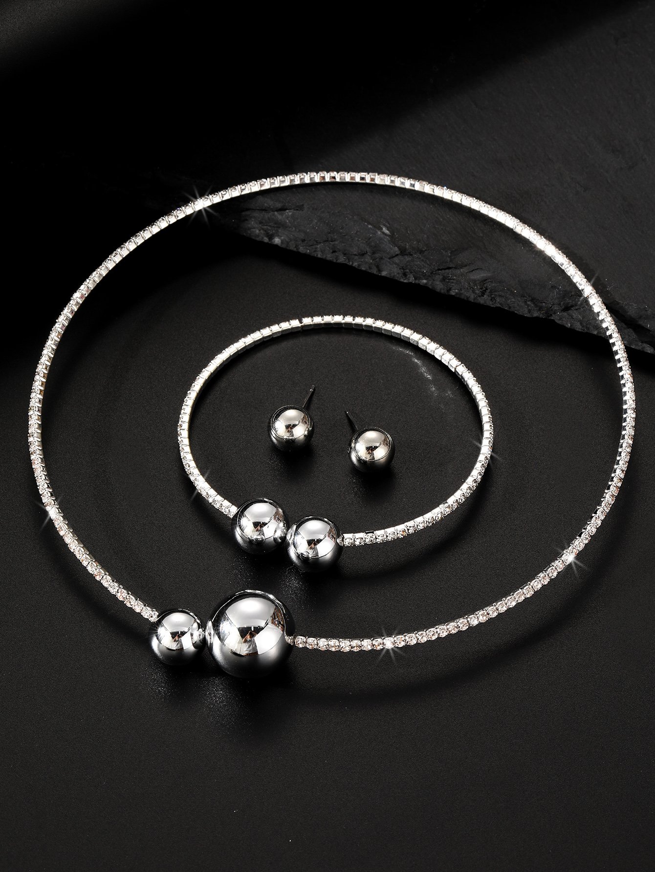 Silver Tone Rhinestone Jewelry Set - Necklace, Bracelet and Earrings