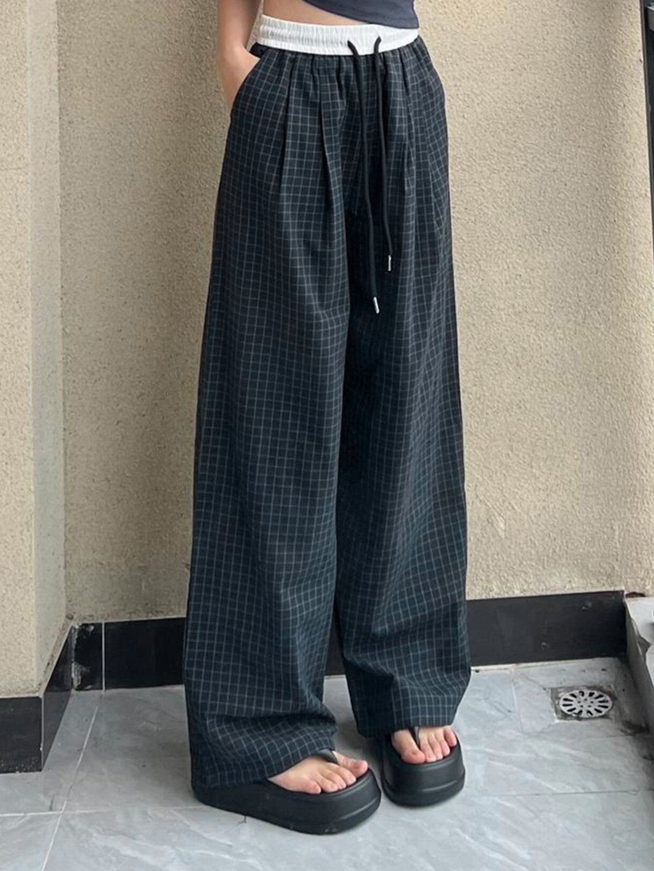 Navy Blue Striped Straight Leg Pants