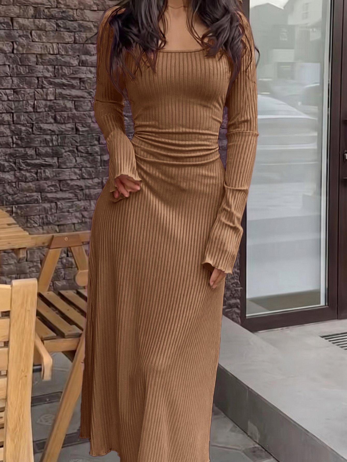 Coffee Brown Striped Square Neck Bodycon Maxi Dress