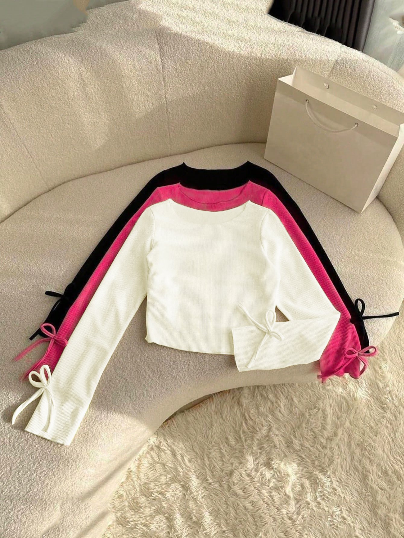Pack of 3 - Multi-Color Textured Ribbed Long Sleeve T-Shirt with Tie Cuffs