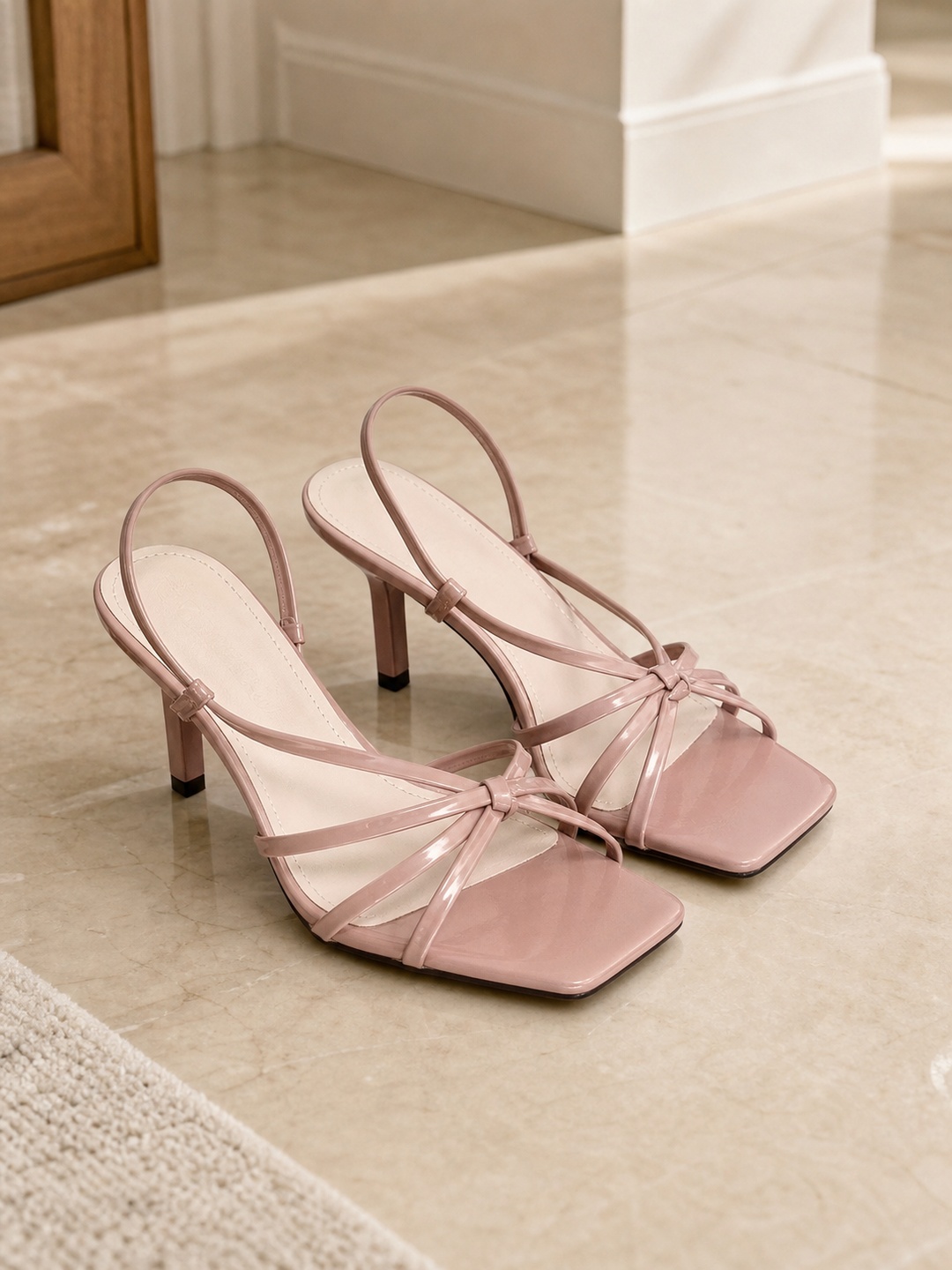 Pink Square Toe Strappy Mid Heel Slingback Sandals