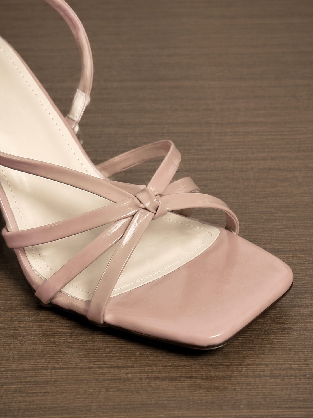 Pink Square Toe Strappy Mid Heel Slingback Sandals