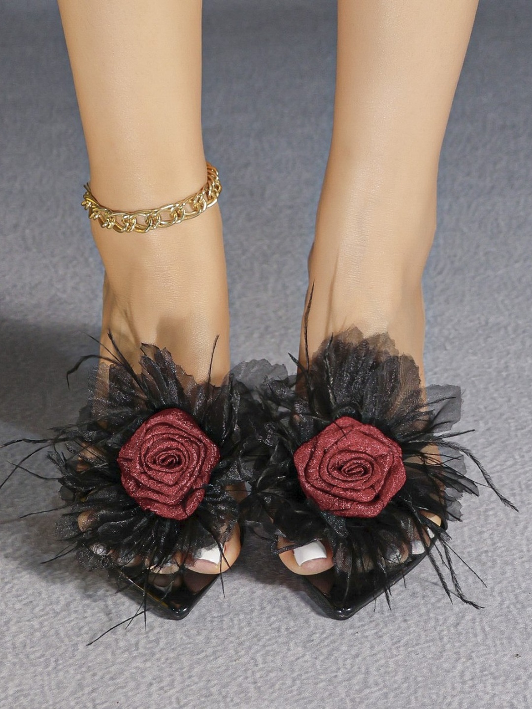 Black High Heel Sandals with Rose and Feather Embellishment