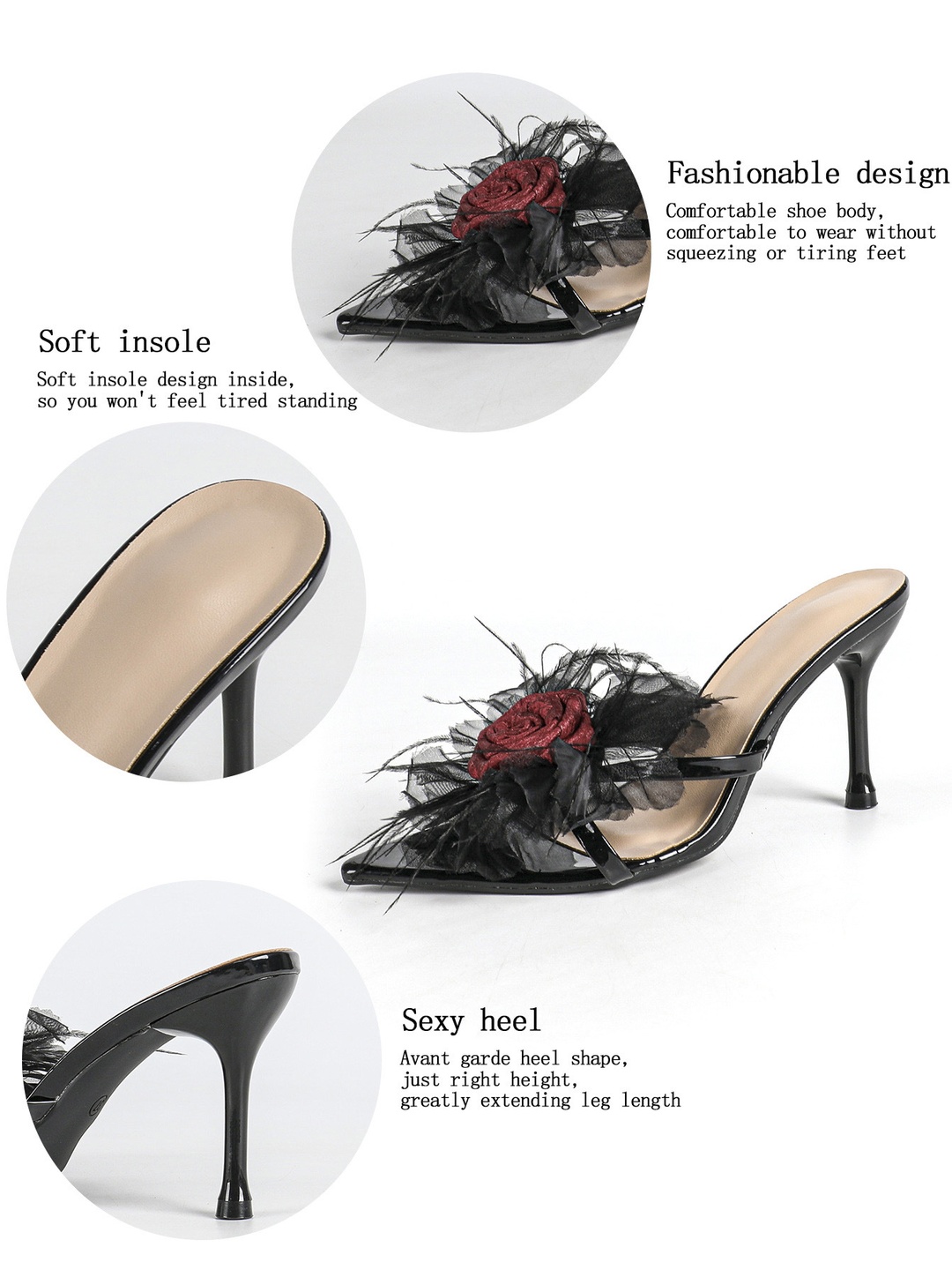 Black High Heel Sandals with Rose and Feather Embellishment