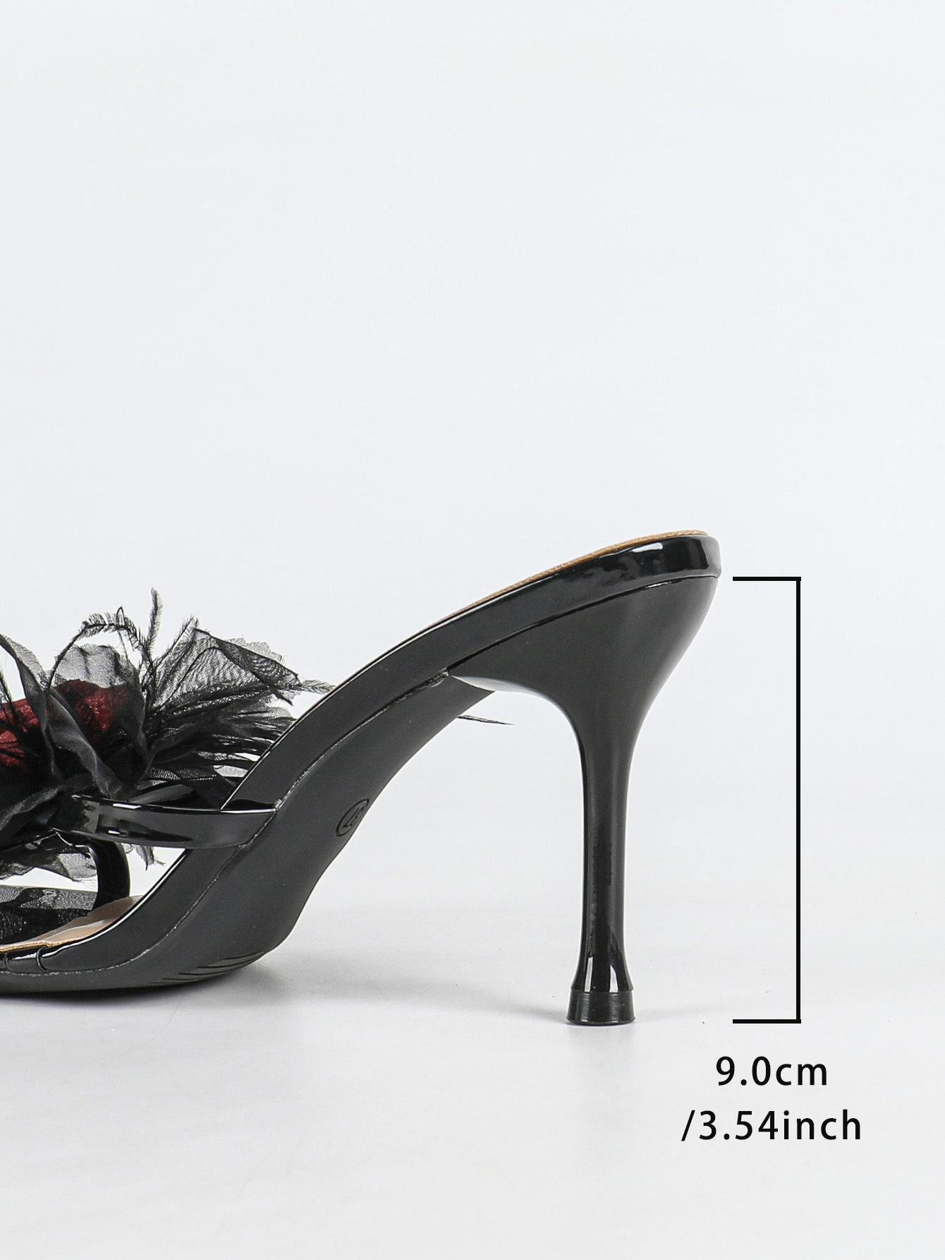 Black High Heel Sandals with Rose and Feather Embellishment