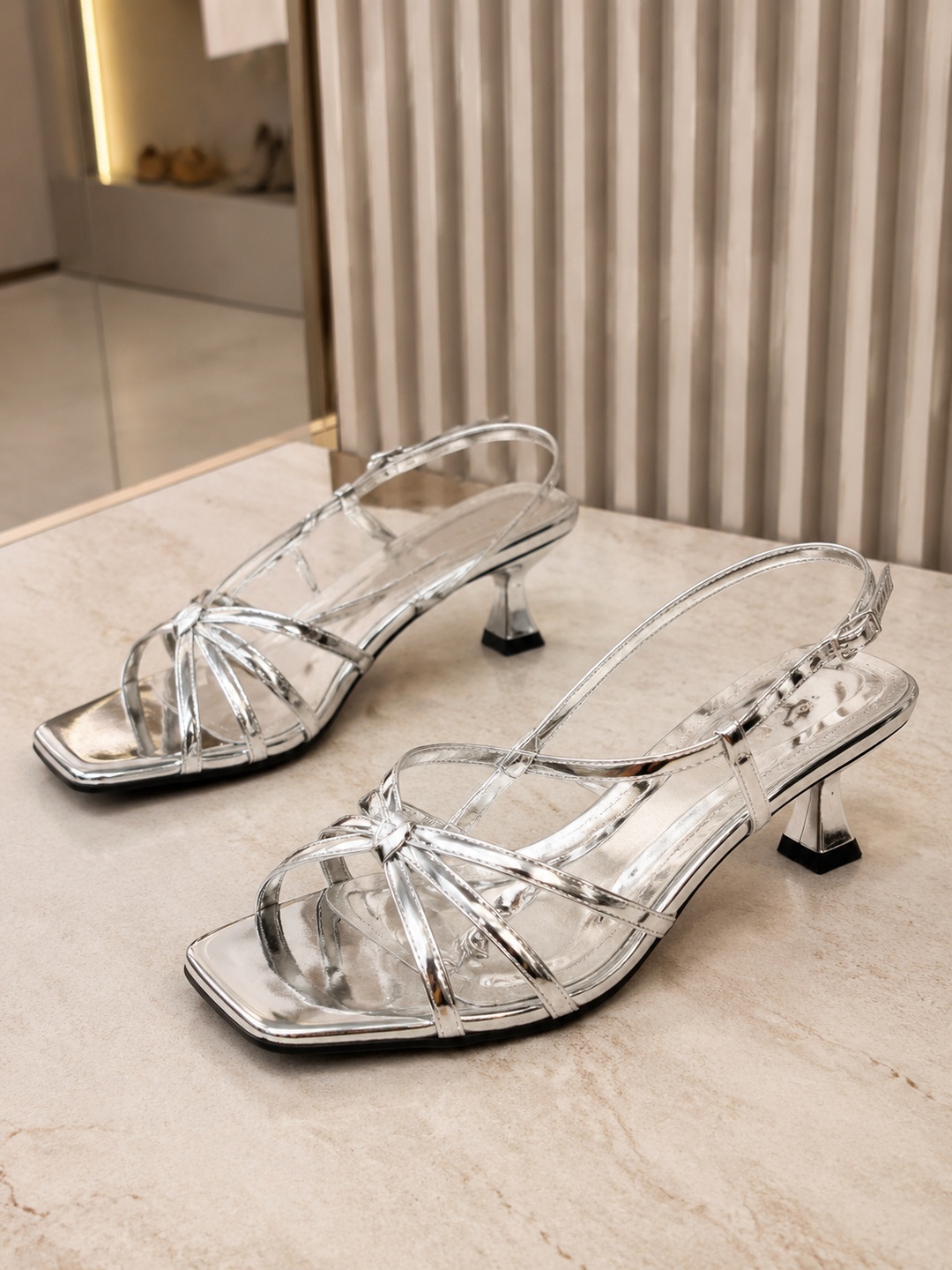 Silver Strappy Low Heel Slingback Sandals