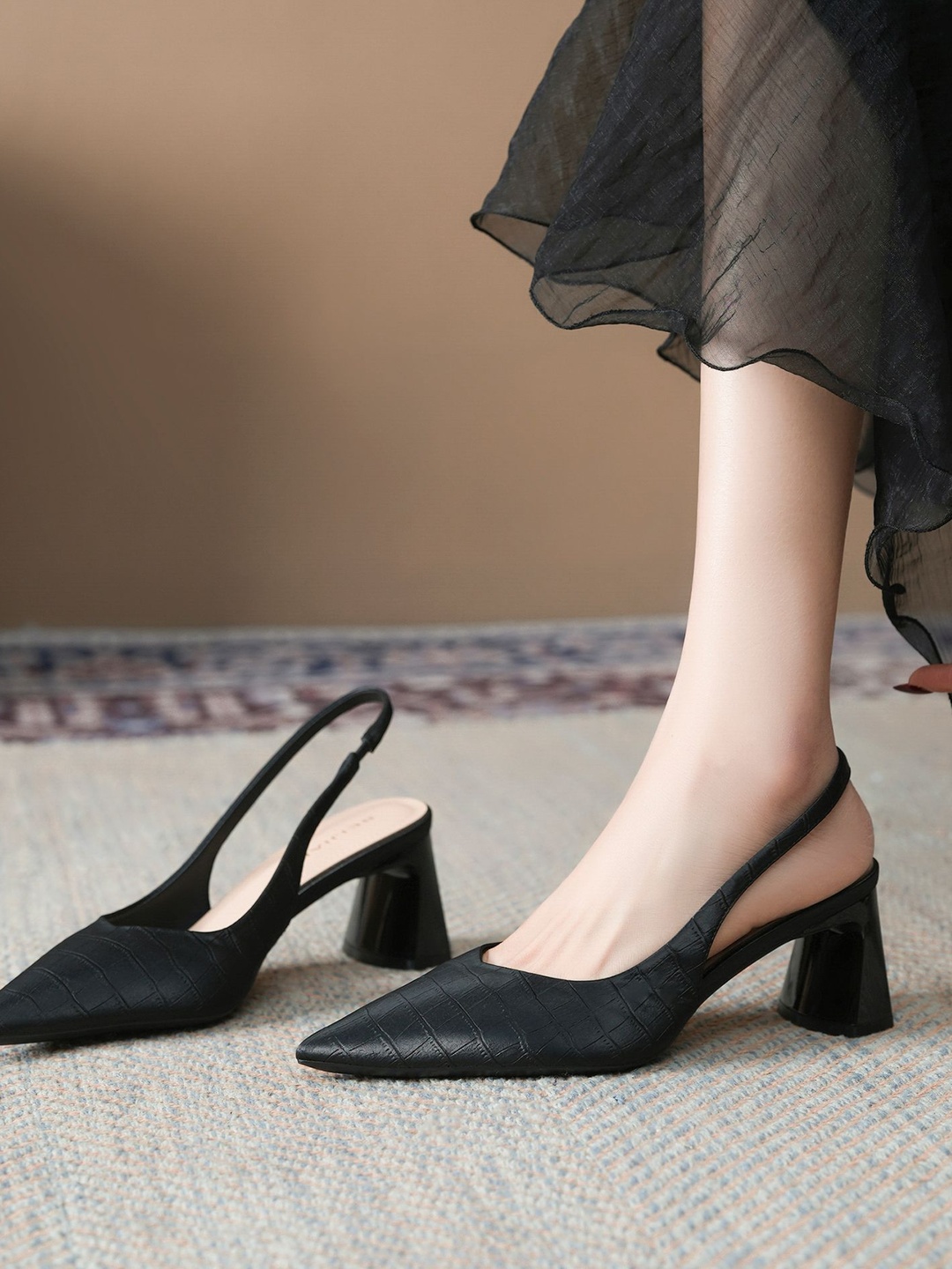Black Slingback Mid-Heel Pumps