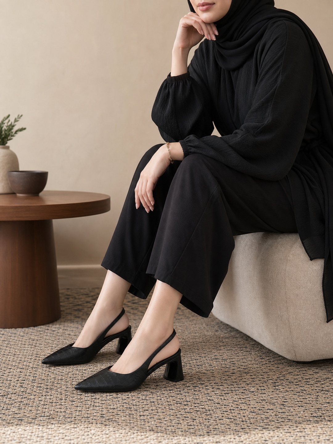 Black Slingback Mid-Heel Pumps