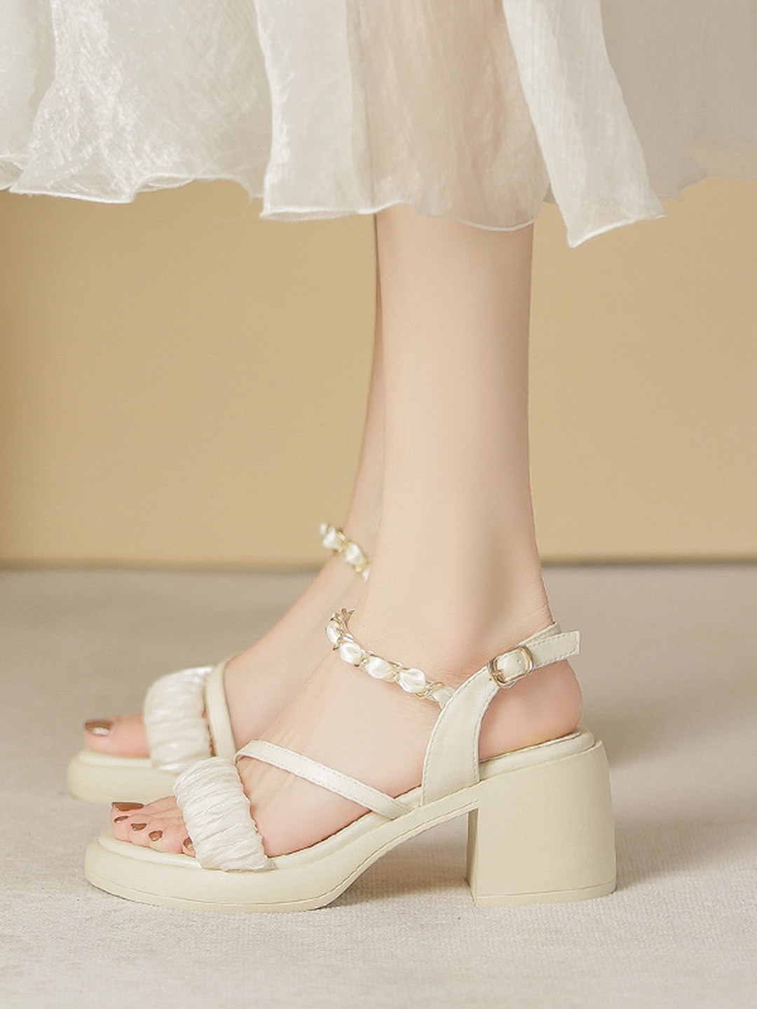 Cream Mid-Heel Sandals with Ruched Strap