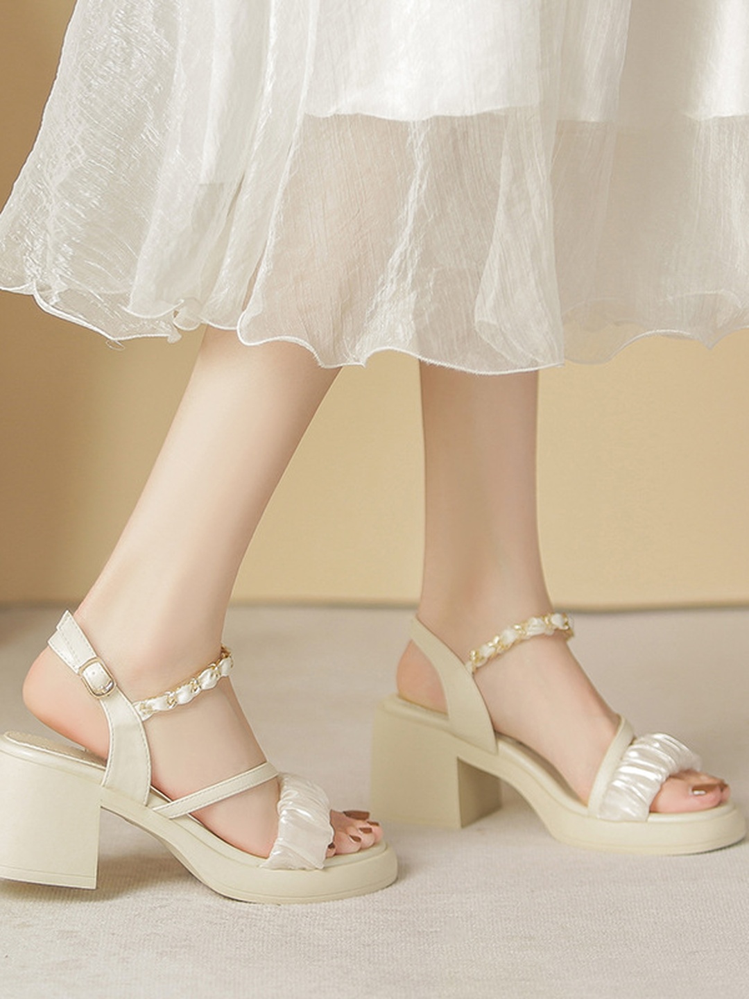 Cream Mid-Heel Sandals with Ruched Strap