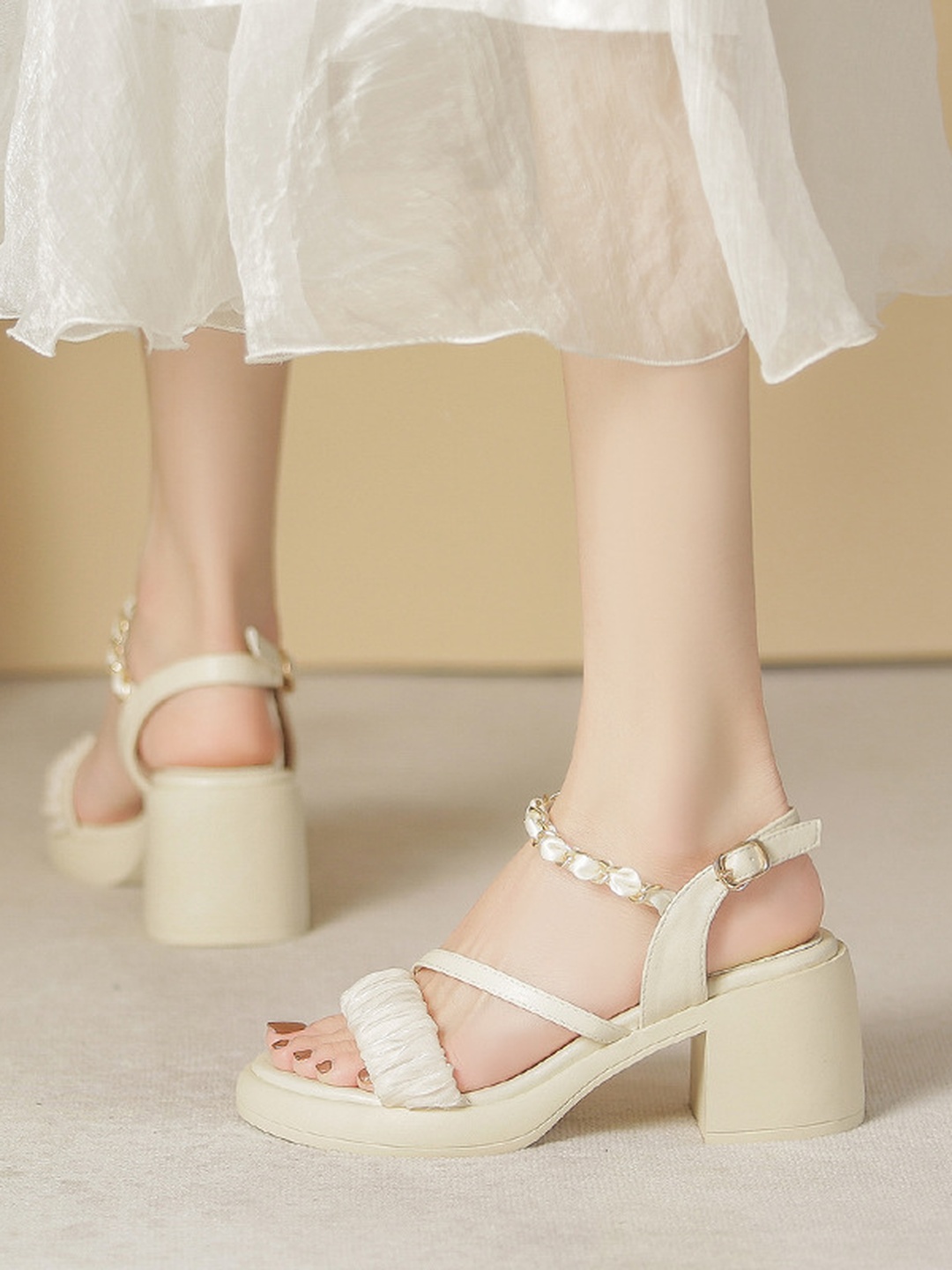 Cream Mid-Heel Sandals with Ruched Strap