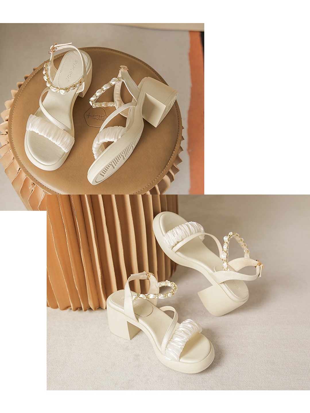 Cream Mid-Heel Sandals with Ruched Strap