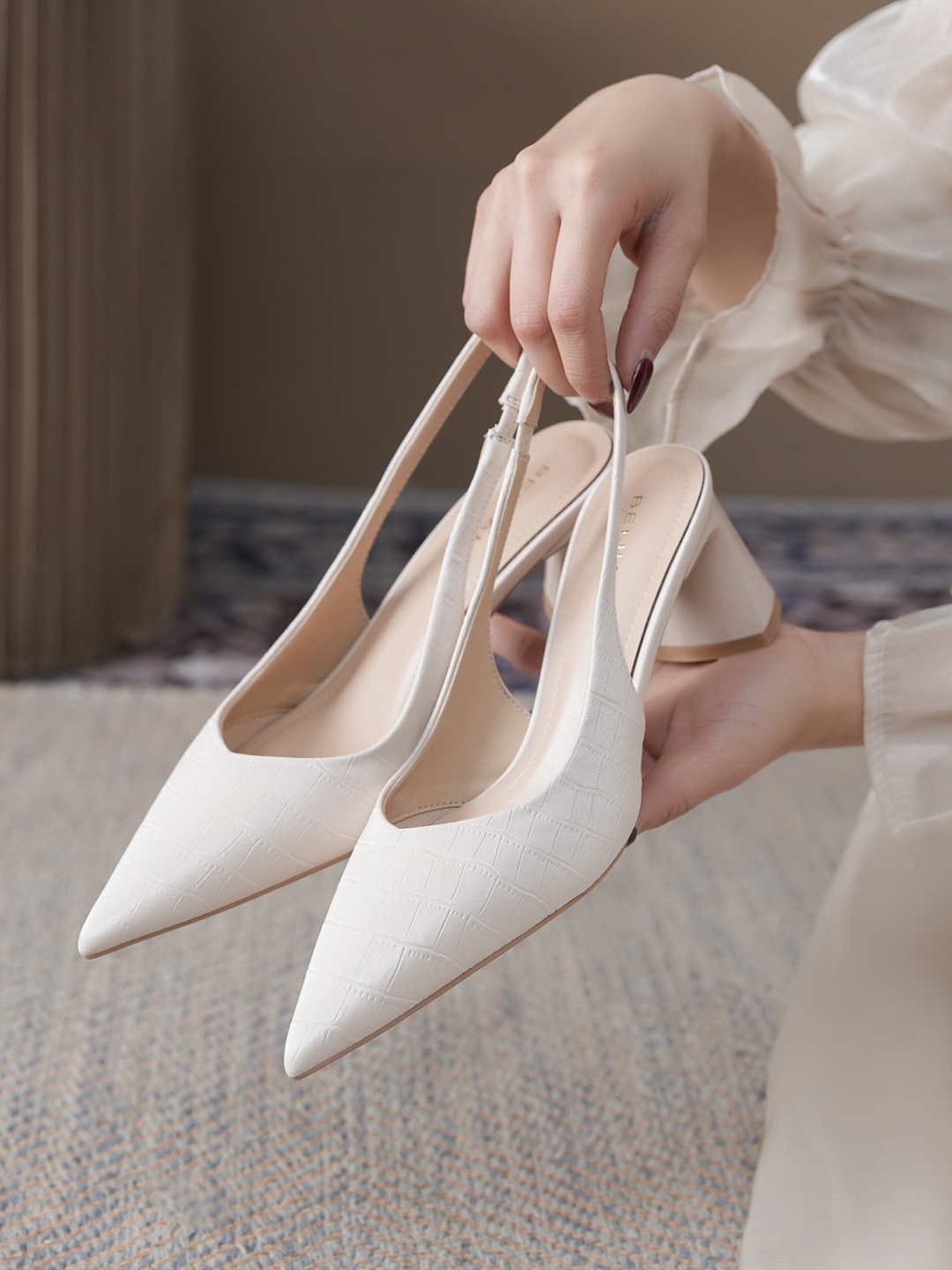 White Croc-Embossed Slingback Mid Heels